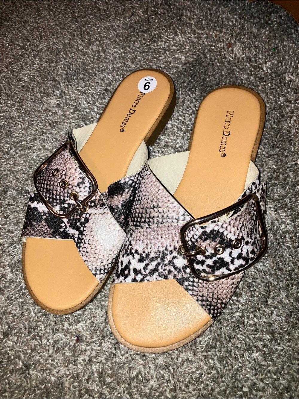 Pierre Dumas Beige and Black Snake-Print Slide Mules with Gold Buckle Size 6